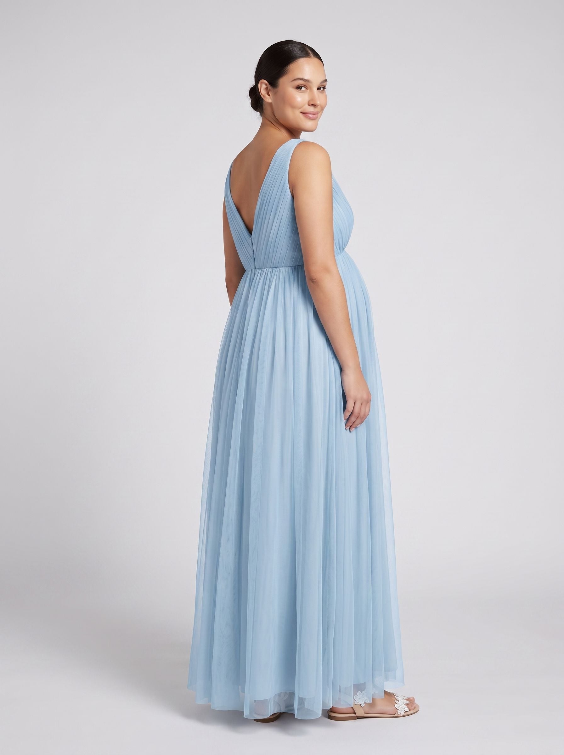 Sky Blue Tulle Empire V-Neck Back Zip Floor-Length Dress with Thick Straps