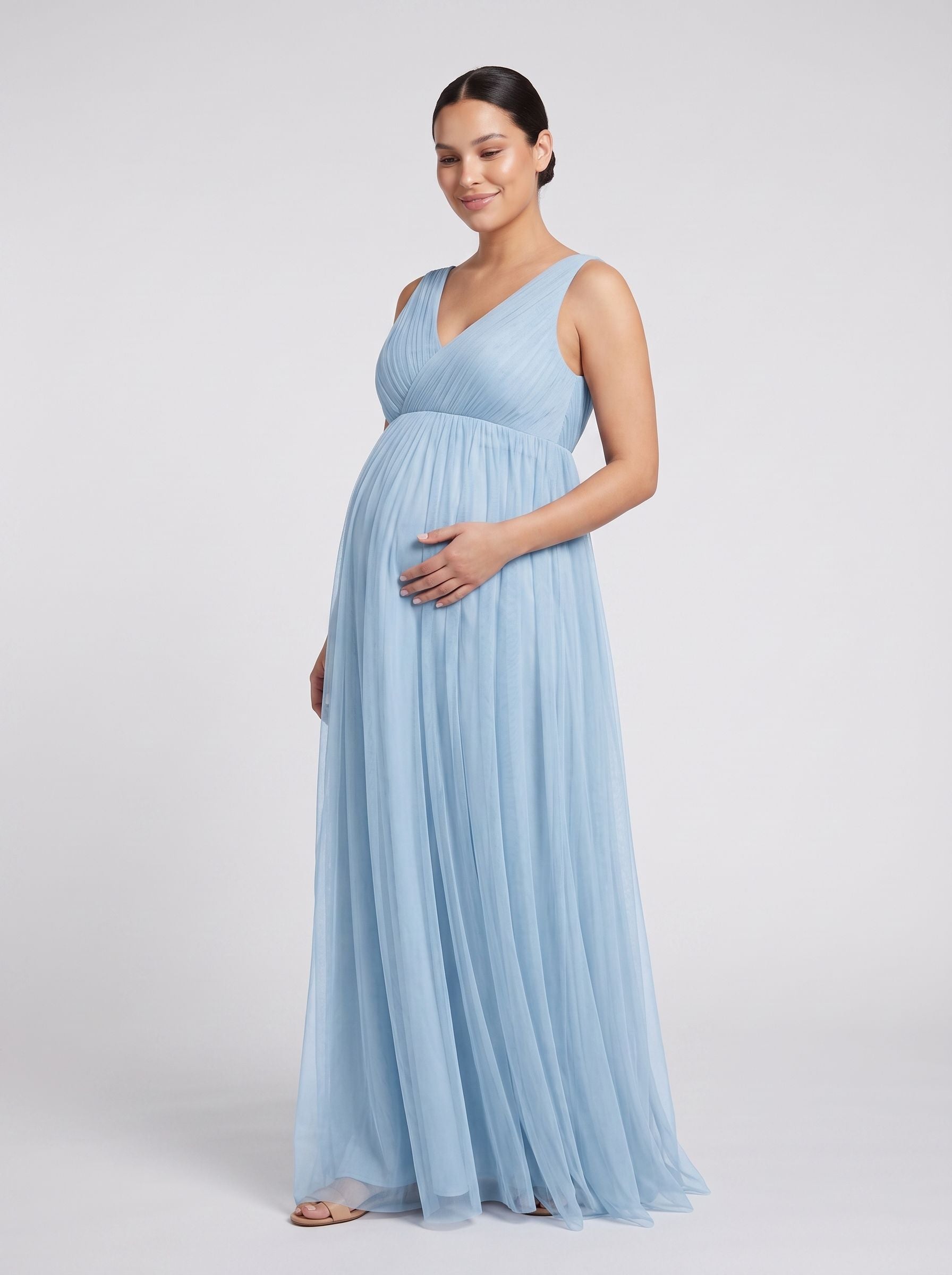 Sky Blue Tulle Empire V-Neck Back Zip Floor-Length Dress with Thick Straps
