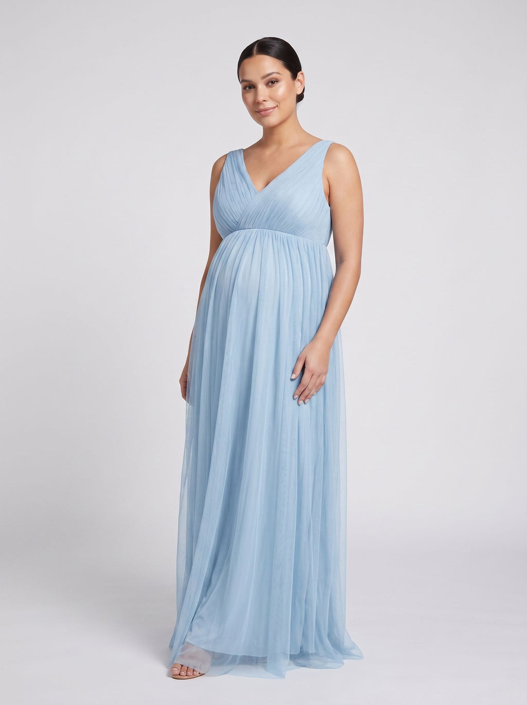 Sky Blue Tulle Empire V-Neck Back Zip Floor-Length Dress with Thick Straps