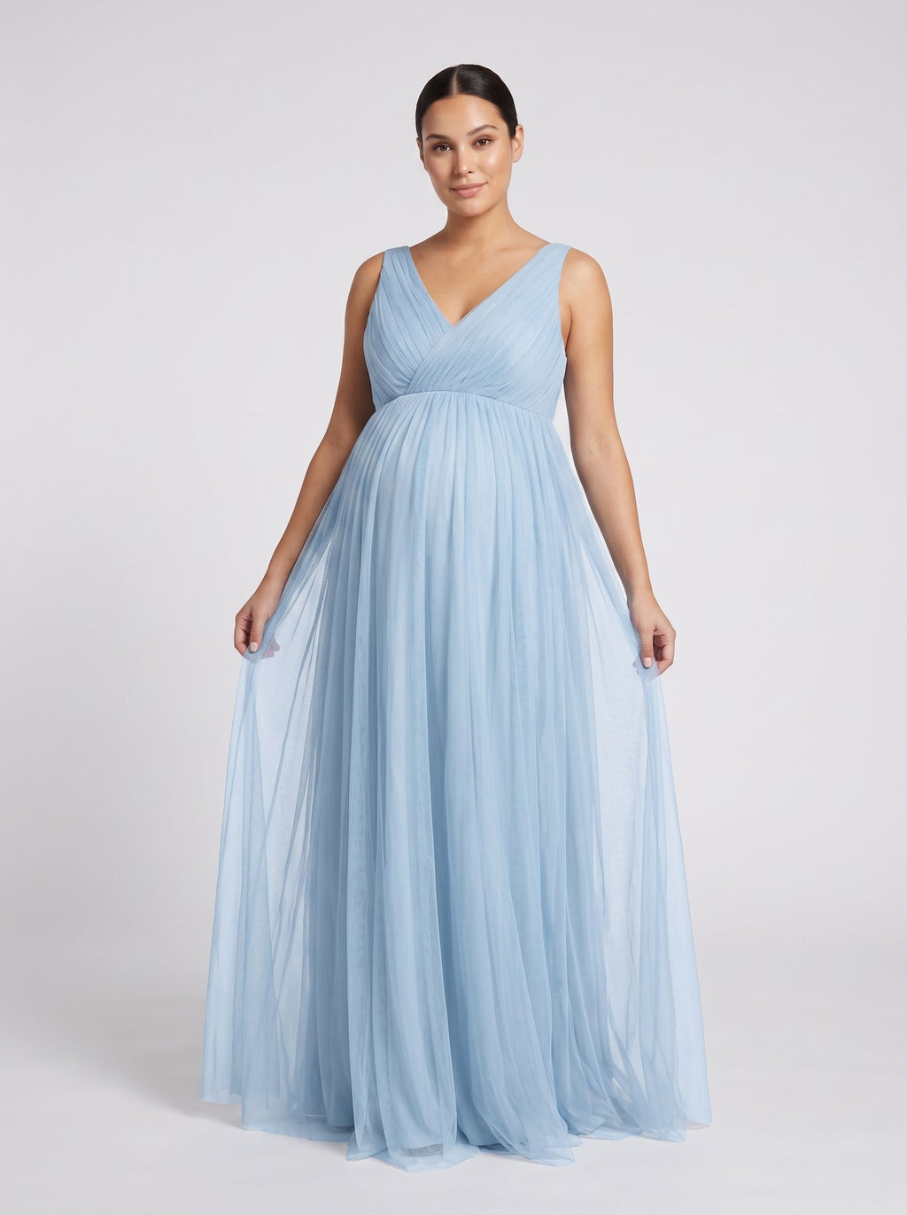 Sky Blue Tulle Empire V-Neck Back Zip Floor-Length Dress with Thick Straps