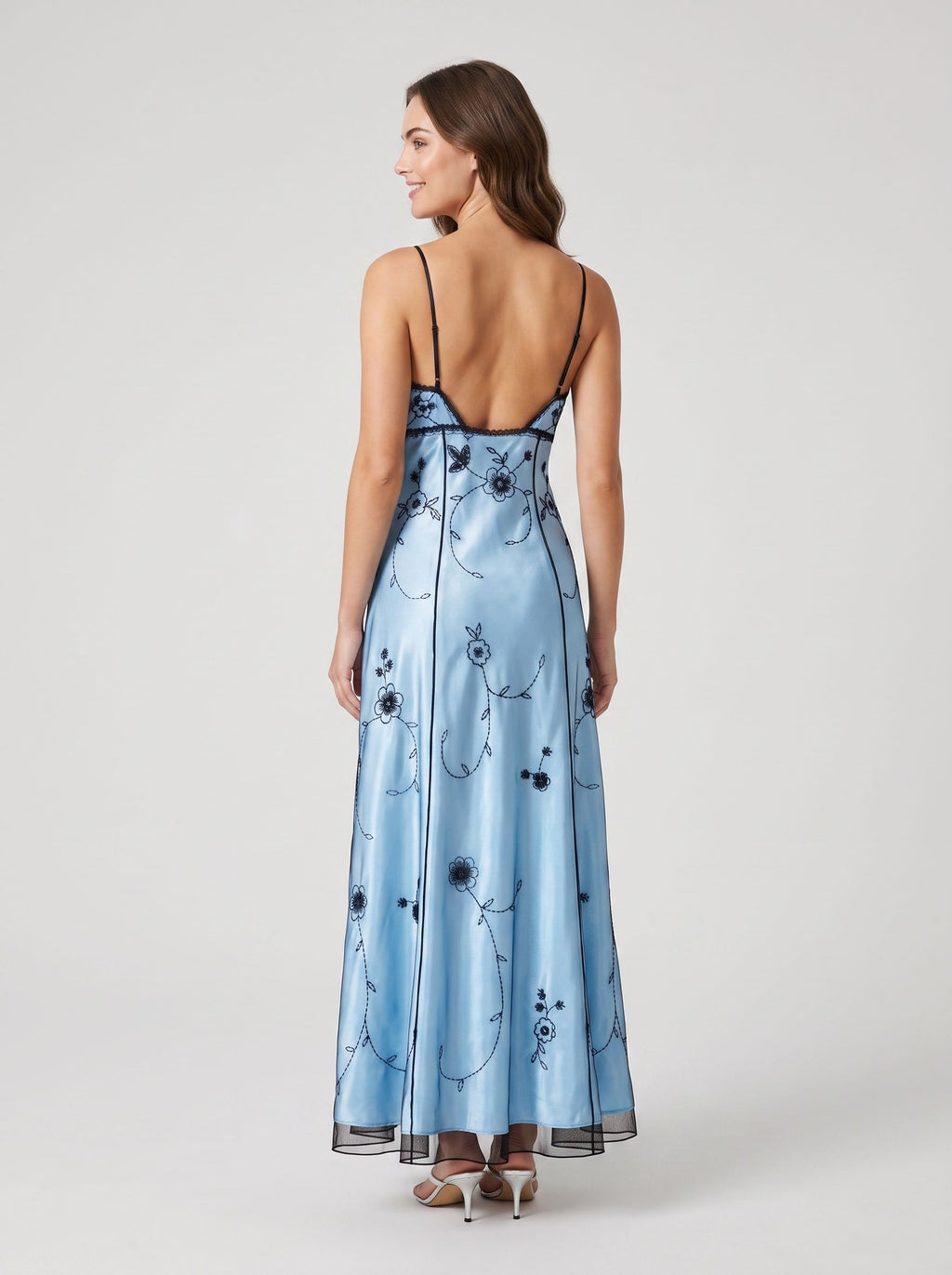 Sky Blue Tulle Empire Straight Neck Backless Floor-Length Dress with Beading