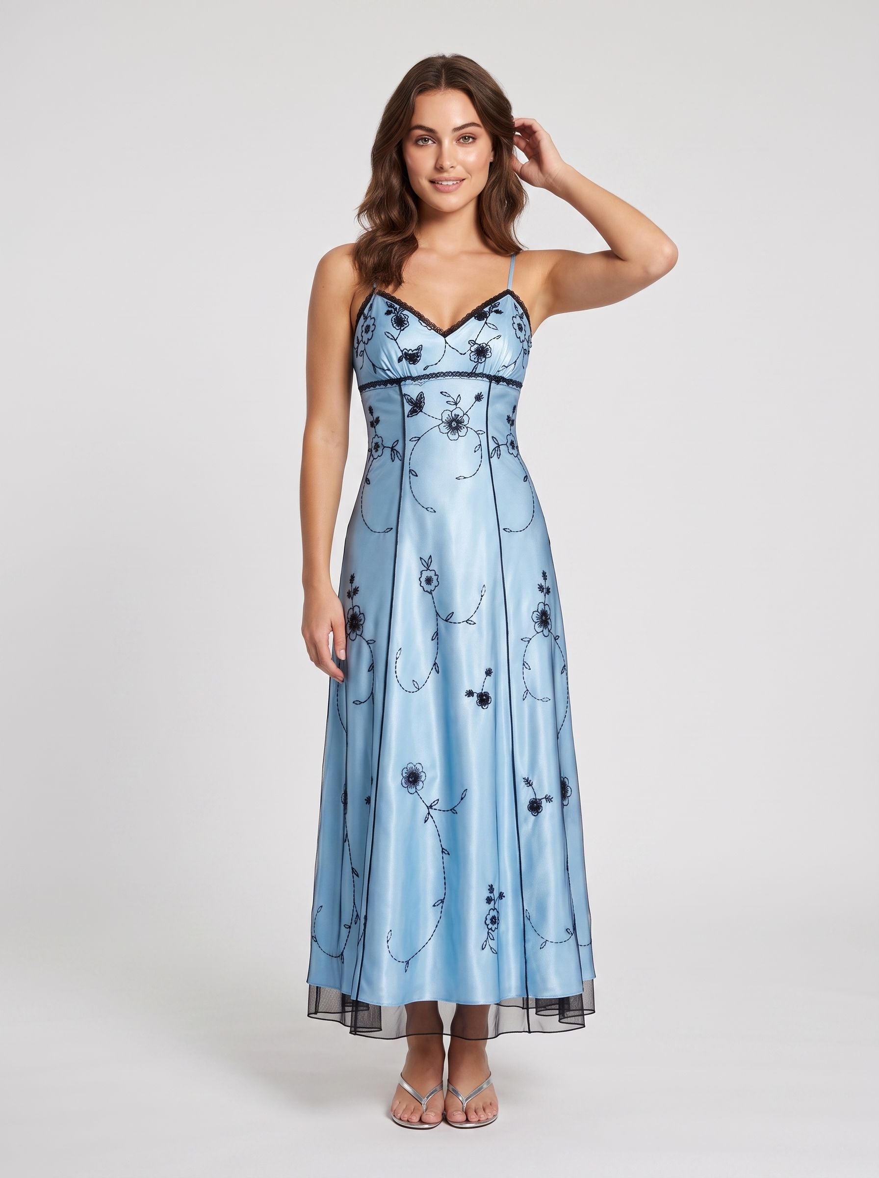 Sky Blue Tulle Empire Straight Neck Backless Floor-Length Dress with Beading