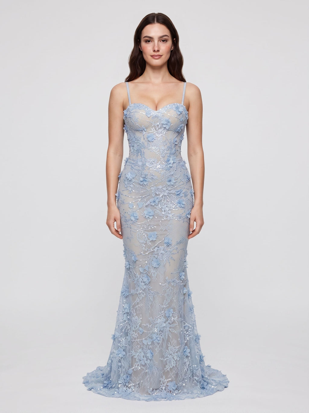 Sky Blue Tulle Mermaid Sweetheart Criss-Cross Straps Floor-Length Dress with Appliques