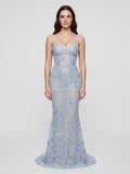 Sky Blue Tulle Mermaid Sweetheart Criss-Cross Straps Floor-Length Dress with Appliques