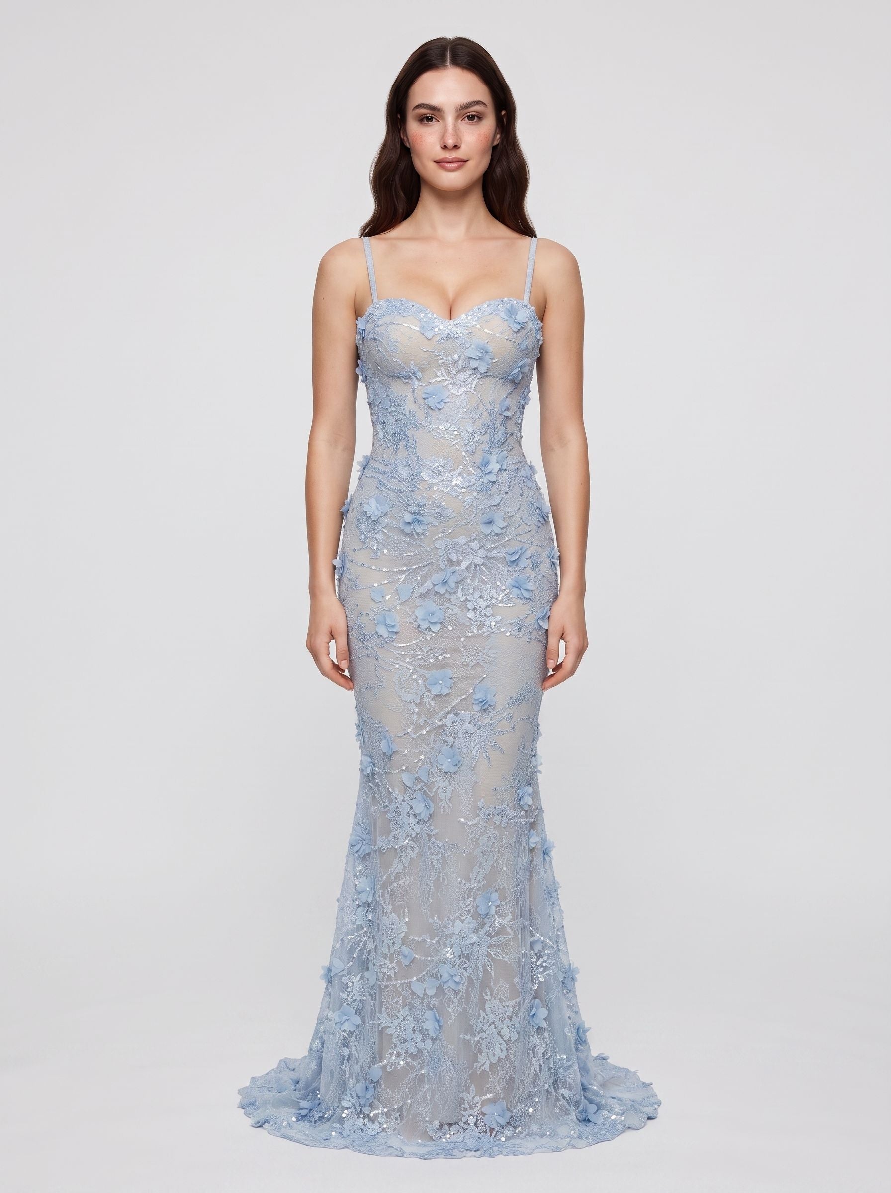 Sky Blue Tulle Mermaid Sweetheart Criss-Cross Straps Floor-Length Dress with Appliques