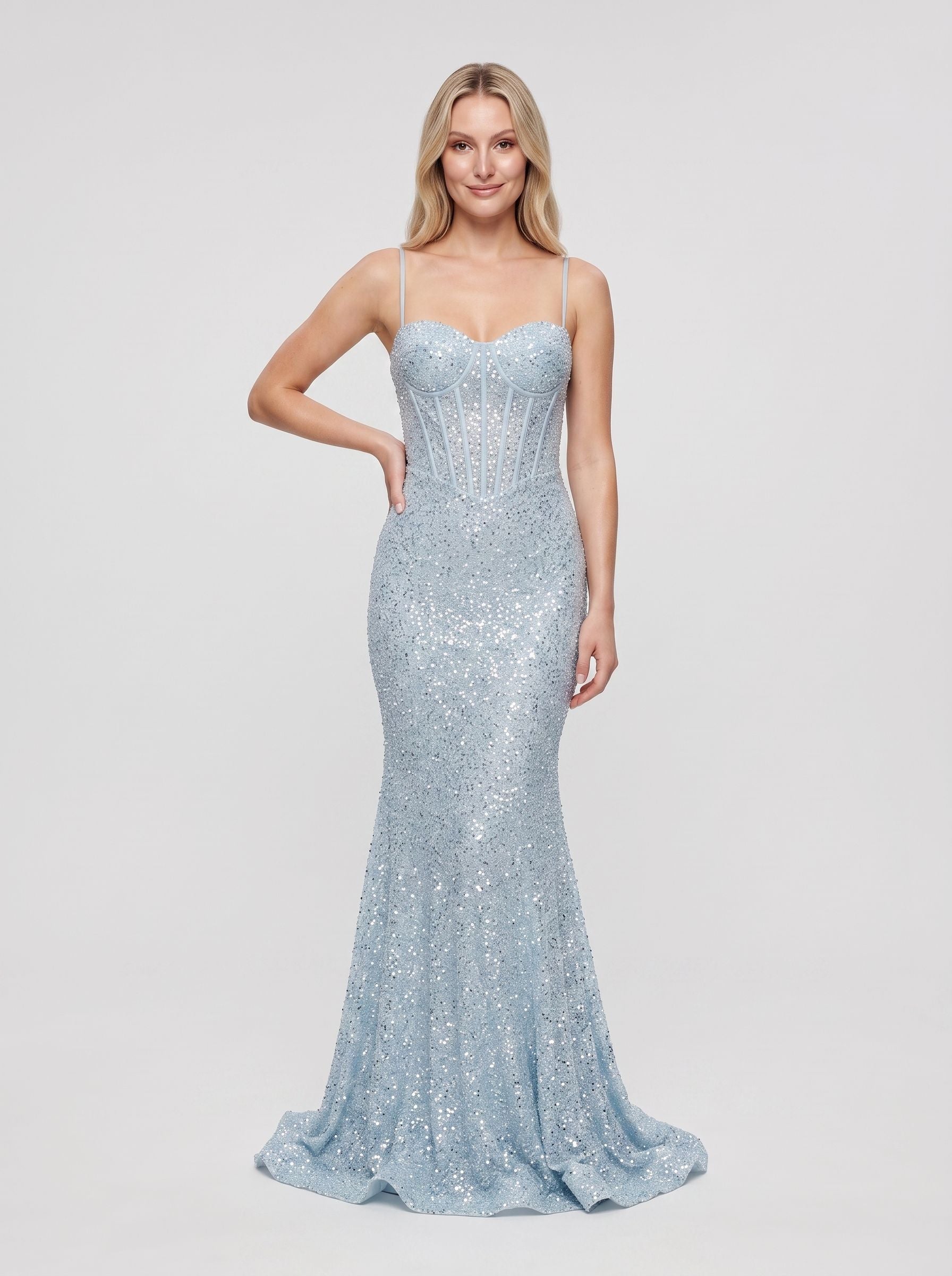 Sky Blue Tulle Mermaid Sweetheart Back Zip Floor-Length Dress with Beading