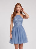 Steel Blue Tulle A-Line Halter neckline Backless Short Dress with Pleated Bodice