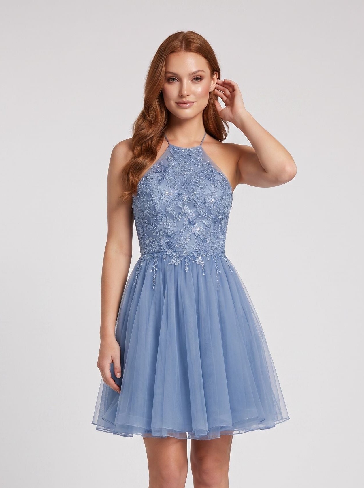 Steel Blue Tulle A-Line Halter neckline Backless Short Dress with Pleated Bodice