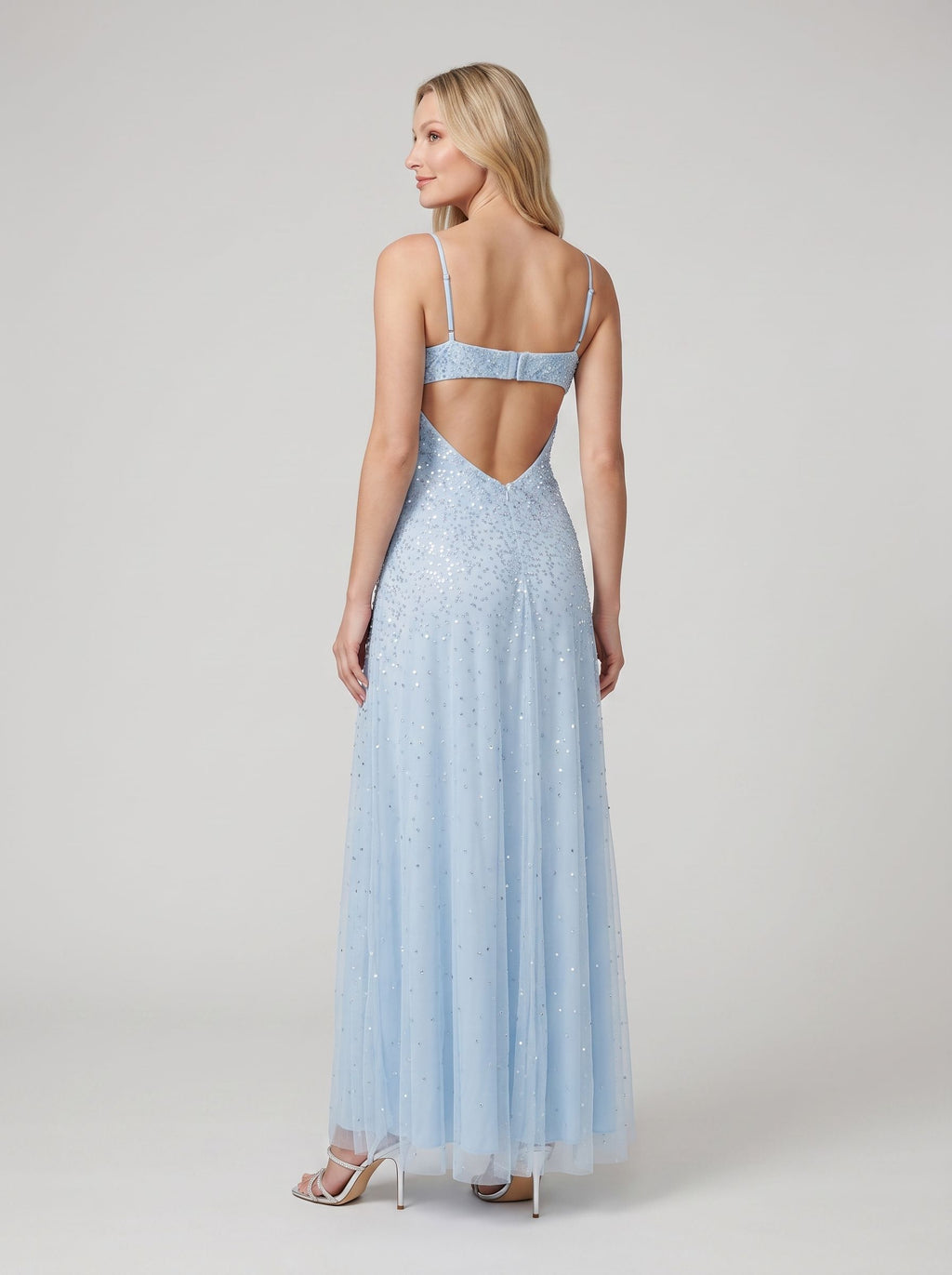 Slate Blue Tulle A-Line V-Neck Backless Floor-Length Dress with Beaded Bodice