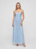Slate Blue Tulle A-Line V-Neck Backless Floor-Length Dress with Beaded Bodice