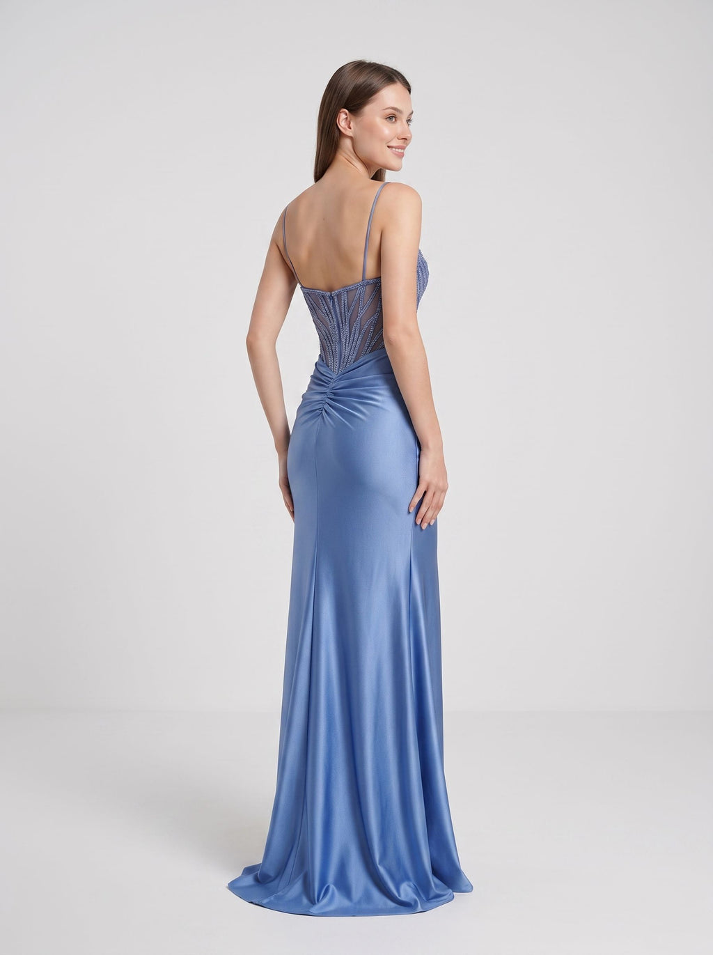Slate Blue Satin Sheath Sweetheart Back Zip Floor-Length Dress with Beaded Corset Bodice