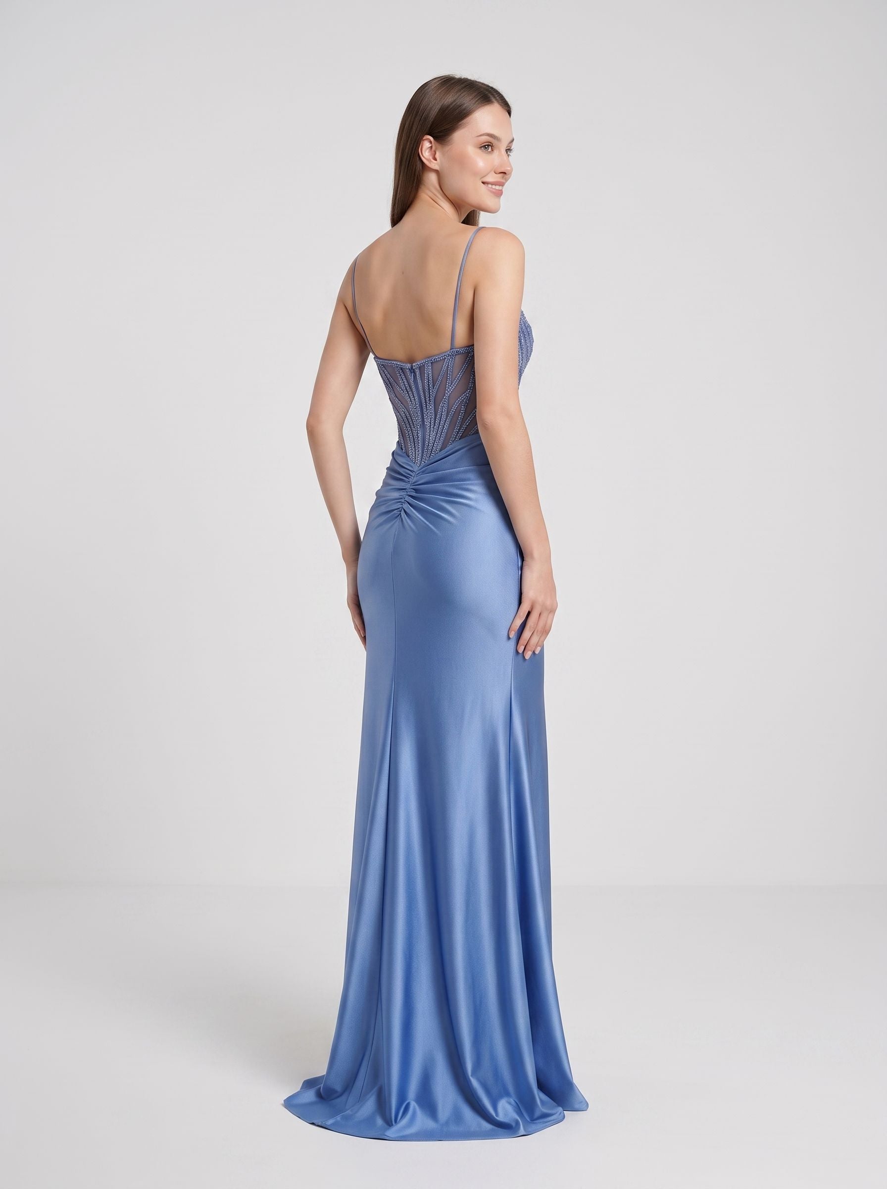 Slate Blue Satin Sheath Sweetheart Back Zip Floor-Length Dress with Beaded Corset Bodice