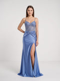 Slate Blue Satin Sheath Sweetheart Back Zip Floor-Length Dress with Beaded Corset Bodice