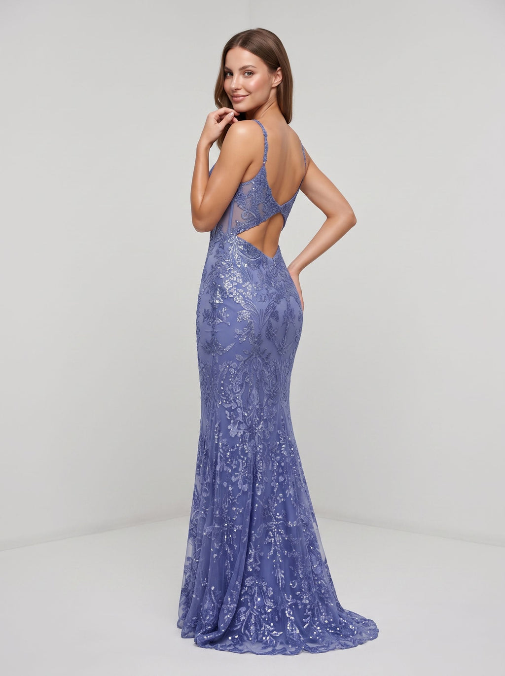 Slate Blue Sequined Lace Mermaid V-Neck Corset Back Floor-Length Dress with Sheer Corset Bodice