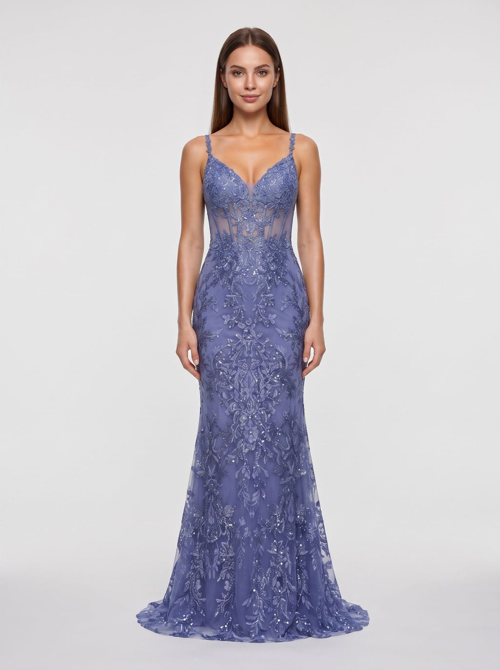 Slate Blue Sequined Lace Mermaid V-Neck Corset Back Floor-Length Dress with Sheer Corset Bodice