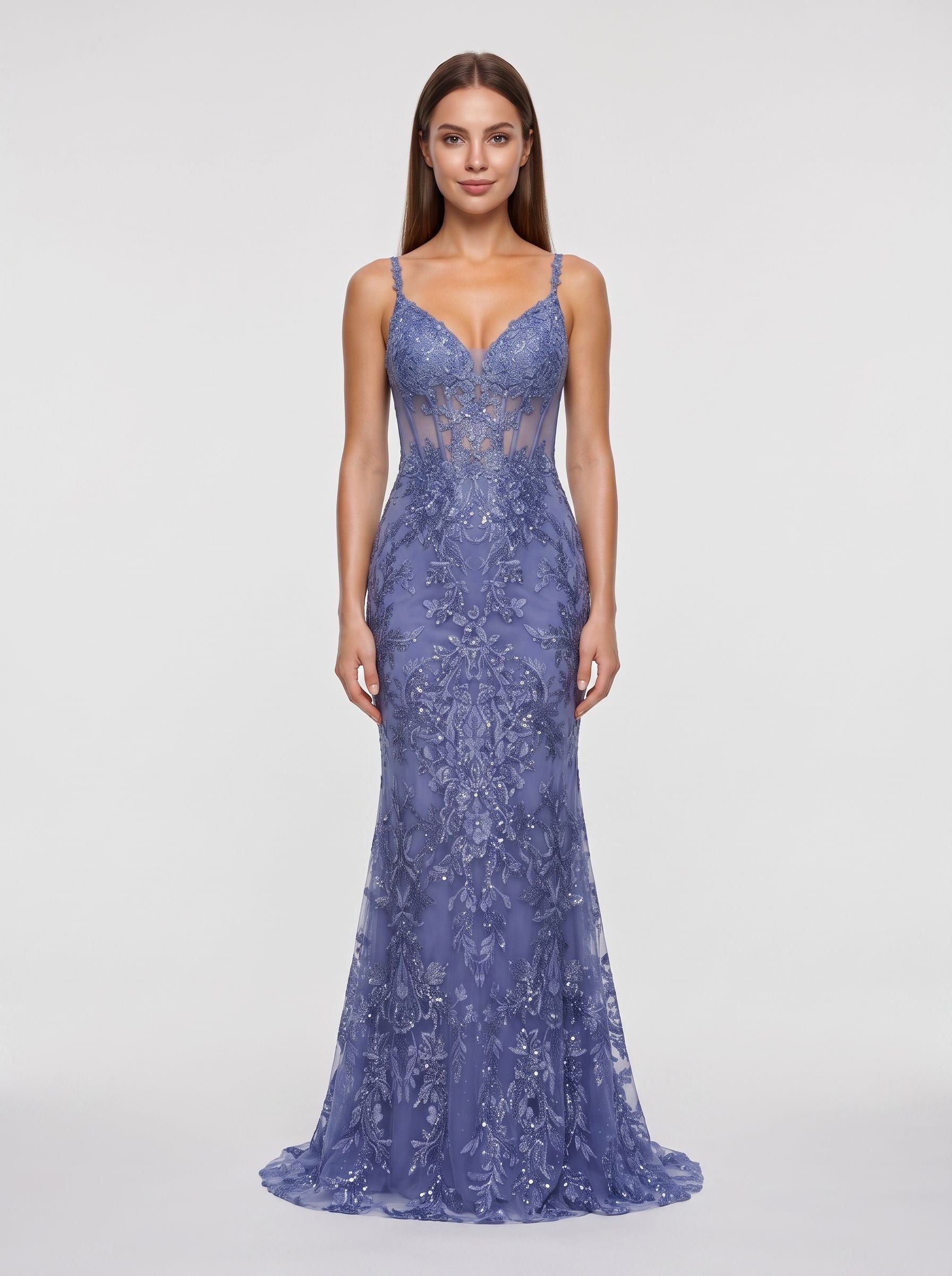 Slate Blue Sequined Lace Mermaid V-Neck Corset Back Floor-Length Dress with Sheer Corset Bodice