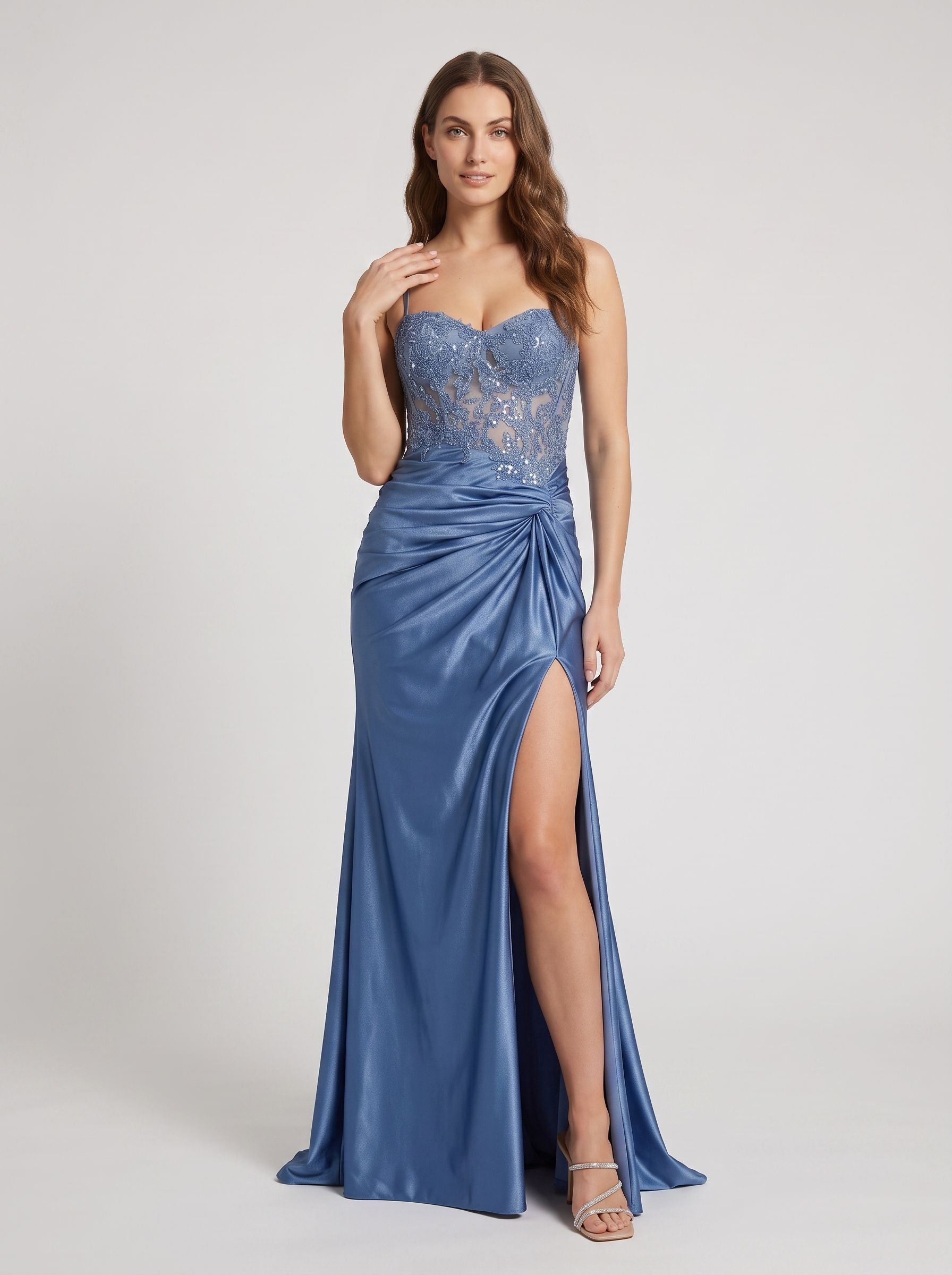 Slate Blue Tulle column Sweetheart Lace-up Floor-Length Dress with Embroidered Bodice