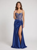 Navy Blue Satin column Sweetheart Illusion Floor-Length Dress with Beaded Corset & Slit