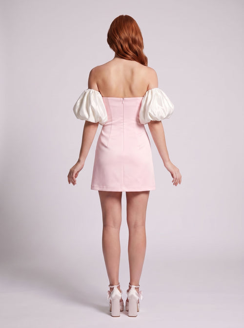 Blushing Pink Satin Column Straight Neck Back Zip Short Dress with long sleeves