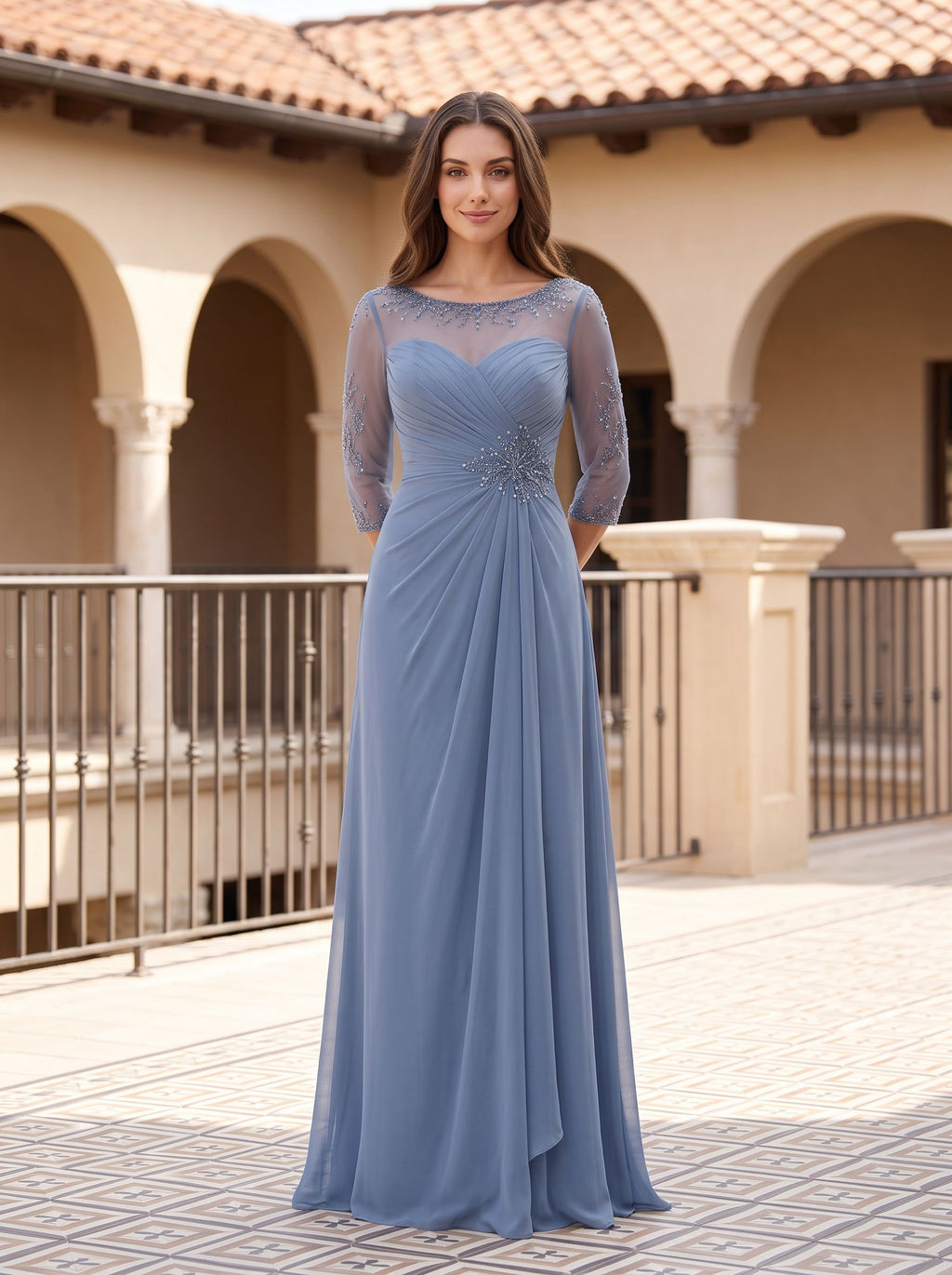 Steel Blue Chiffon A-Line Scoop Neck Illusion Floor-Length Dress with Illusion Lace Sleeves