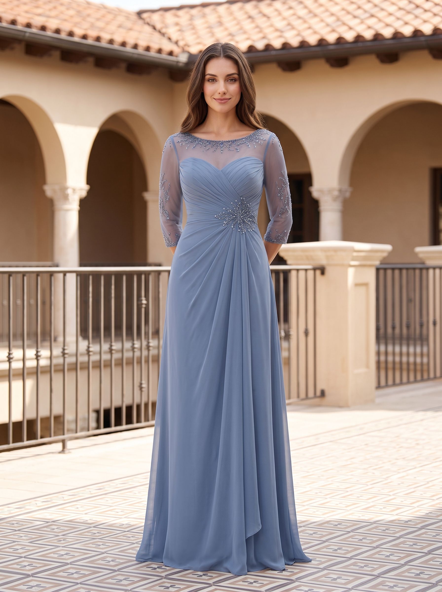 Steel Blue Chiffon A-Line Scoop Neck Illusion Floor-Length Dress with Illusion Lace Sleeves