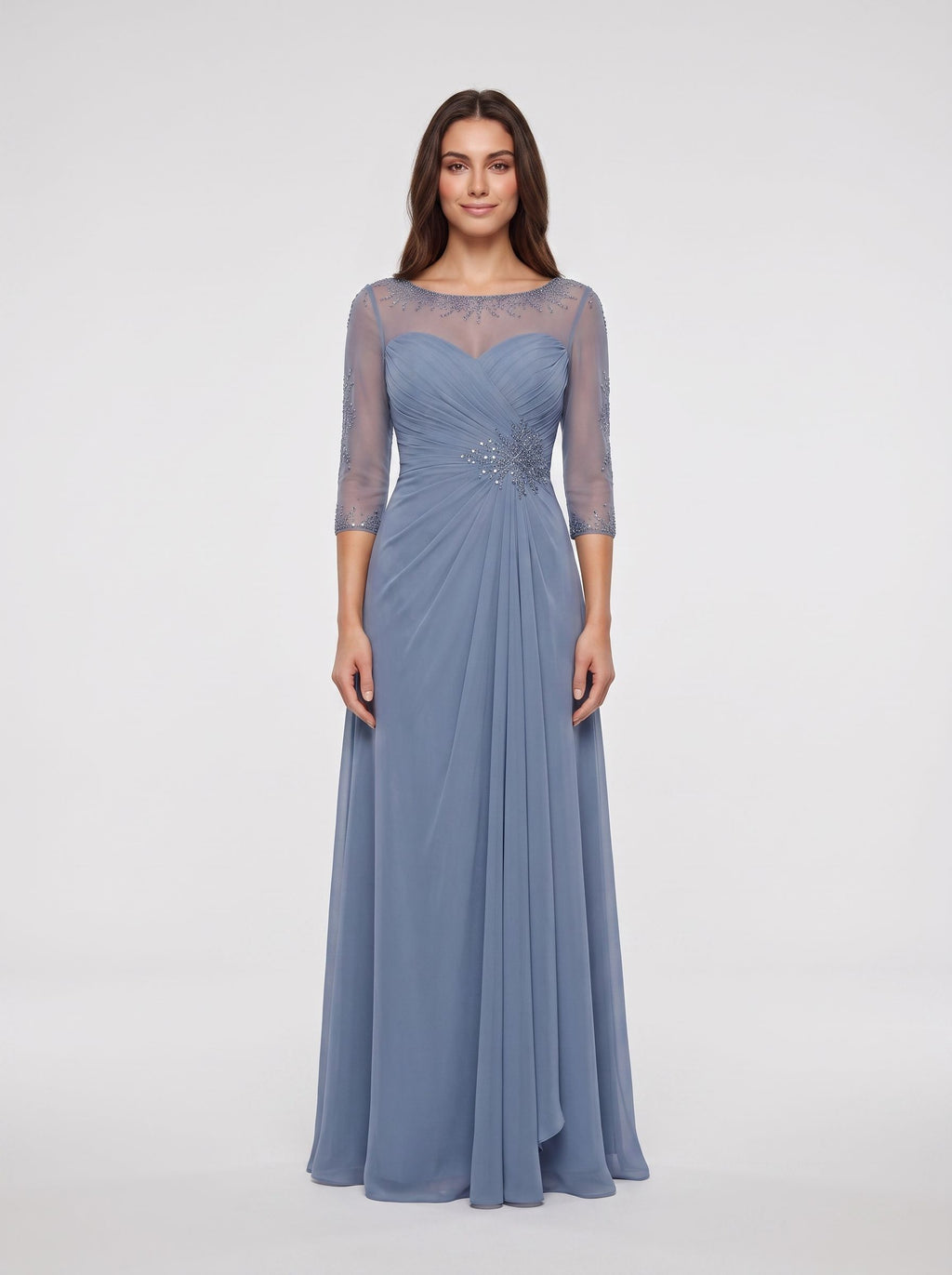 Steel Blue Chiffon A-Line Scoop Neck Illusion Floor-Length Dress with Illusion Lace Sleeves