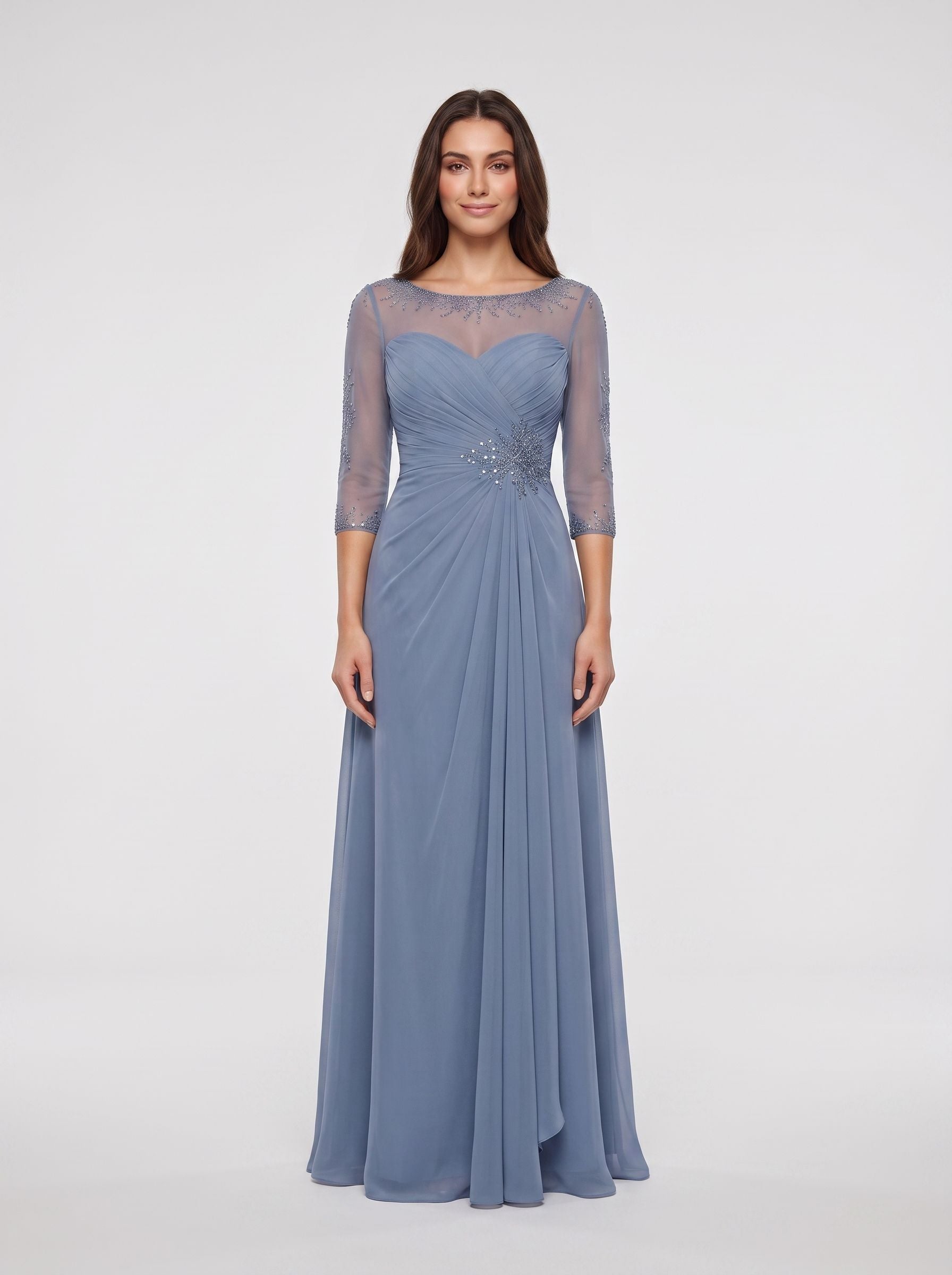 Steel Blue Chiffon A-Line Scoop Neck Illusion Floor-Length Dress with Illusion Lace Sleeves