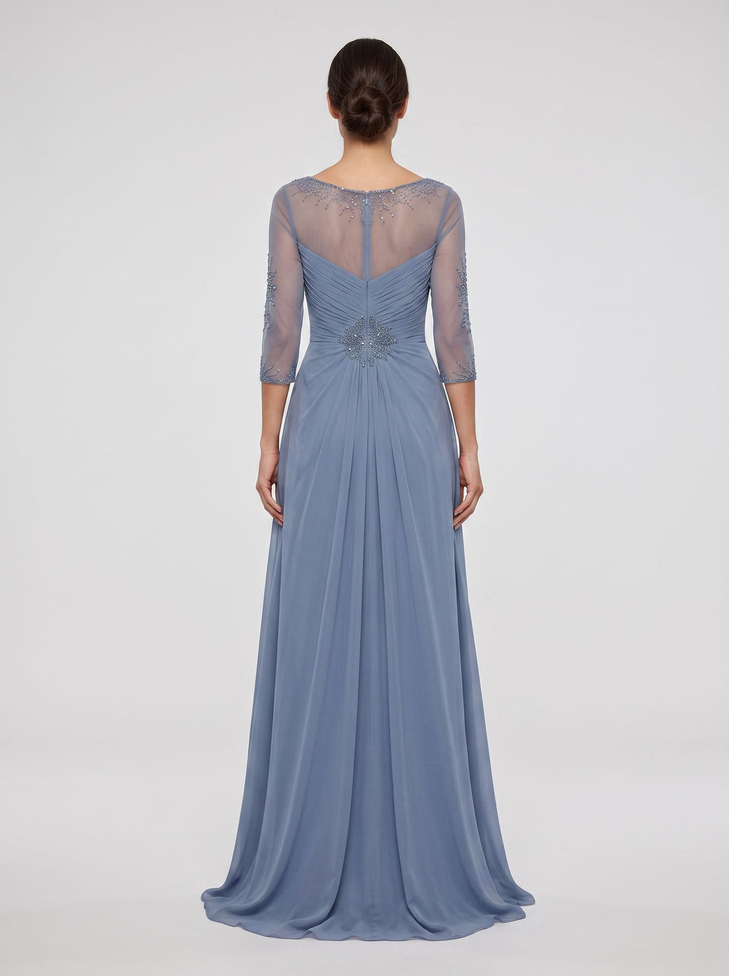 Steel Blue Chiffon A-Line Scoop Neck Illusion Floor-Length Dress with Illusion Lace Sleeves