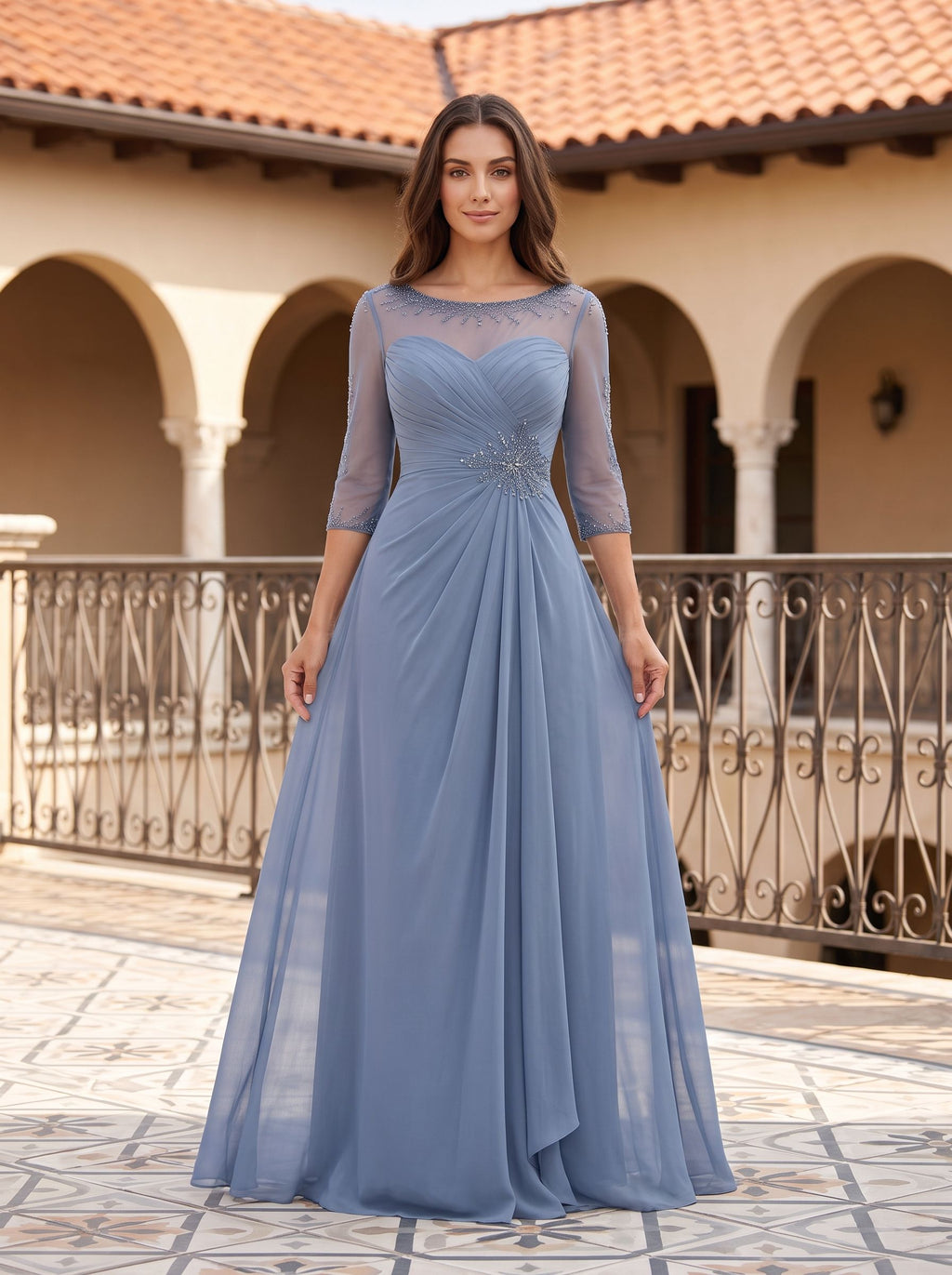 Steel Blue Chiffon A-Line Scoop Neck Illusion Floor-Length Dress with Illusion Lace Sleeves