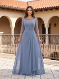 Steel Blue Chiffon A-Line Scoop Neck Illusion Floor-Length Dress with Illusion Lace Sleeves