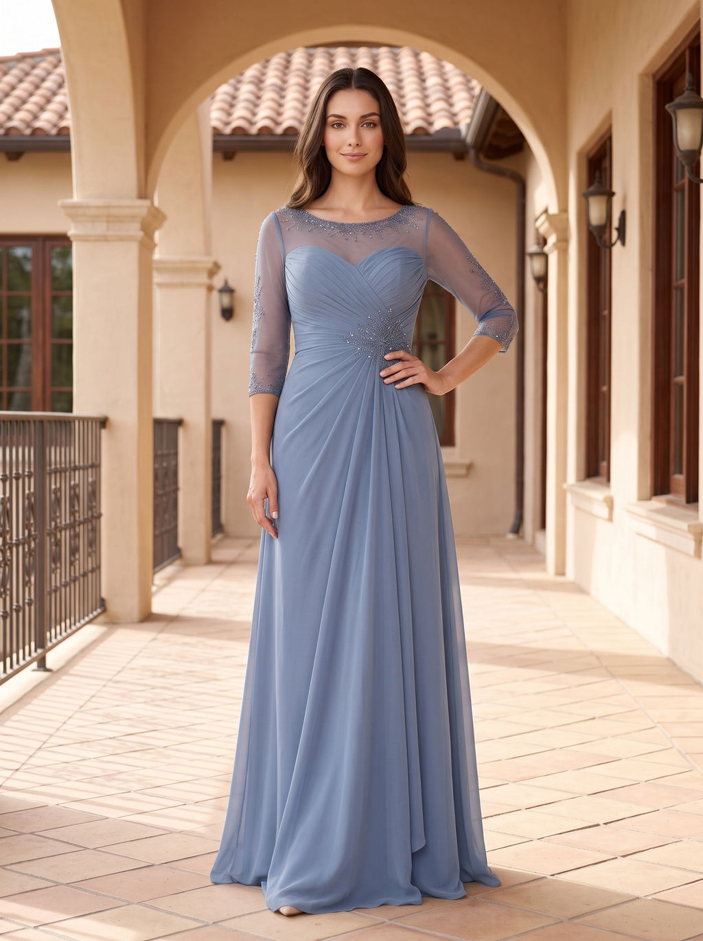 Steel Blue Chiffon A-Line Scoop Neck Illusion Floor-Length Dress with Illusion Lace Sleeves