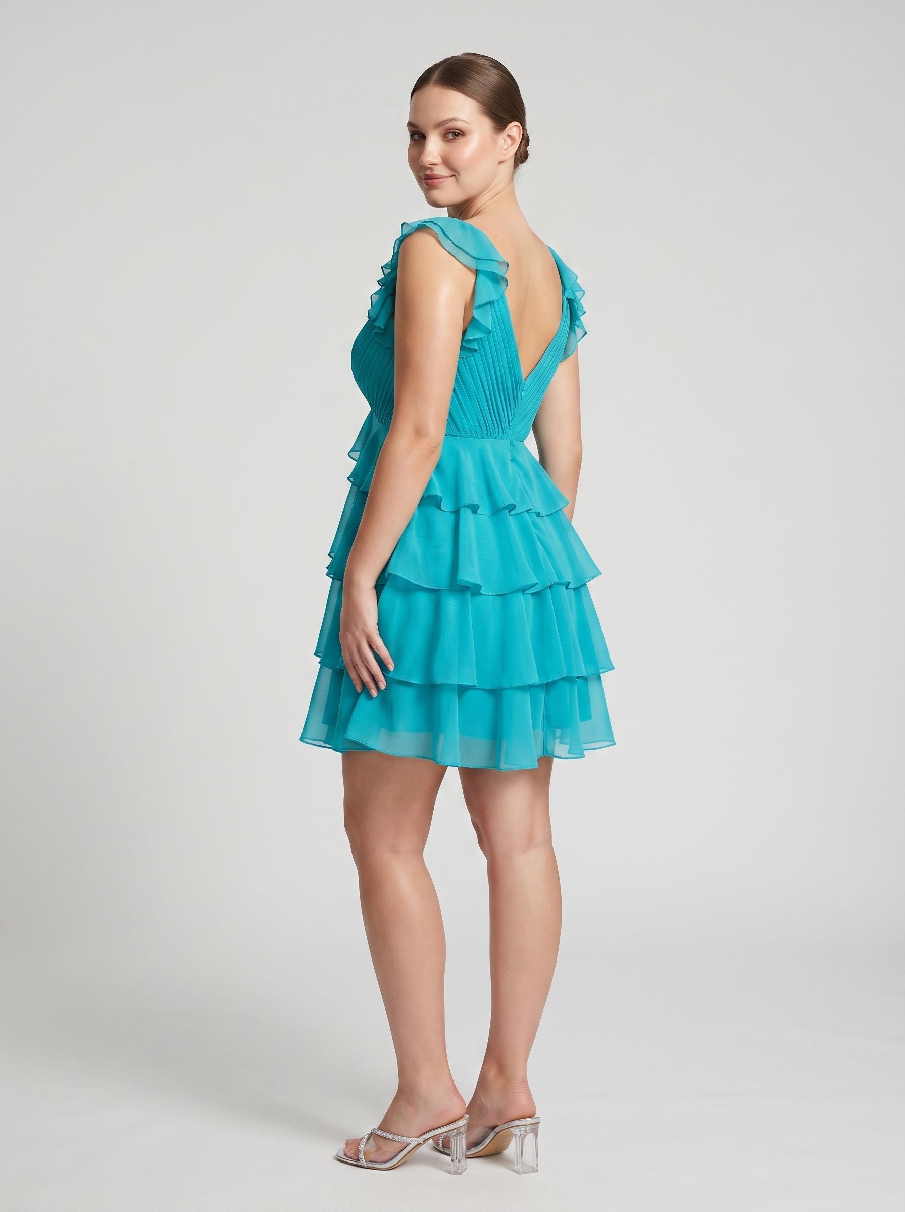 Blue Chiffon A-Line V-Neck Back Zip Short Dress with Cascading Ruffles