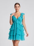 Blue Chiffon A-Line V-Neck Back Zip Short Dress with Cascading Ruffles