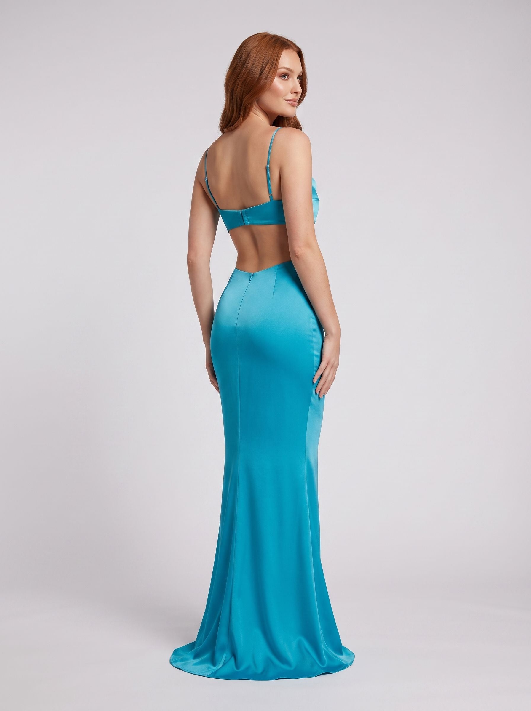 Peacock Blue Satin Sheath Cowl Neck Backless Floor-Length Dress with Draped Neck