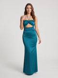 Teal Satin column Halter neckline Back Zip Floor-Length Dress with Keyhole