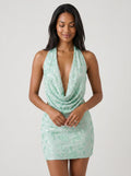 Teal Sequin Sheath Cowl Neck Open Back Short Dress with Halter Tie