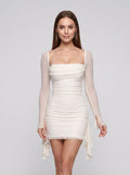 White Beaded Mesh Column Square Neck Backless Mini Dress with Seeded Beading and Flare Sleeves