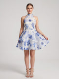 Blue Tulle A-Line Halter neckline Backless Short Dress with Floral Print and Tiered Ruffles