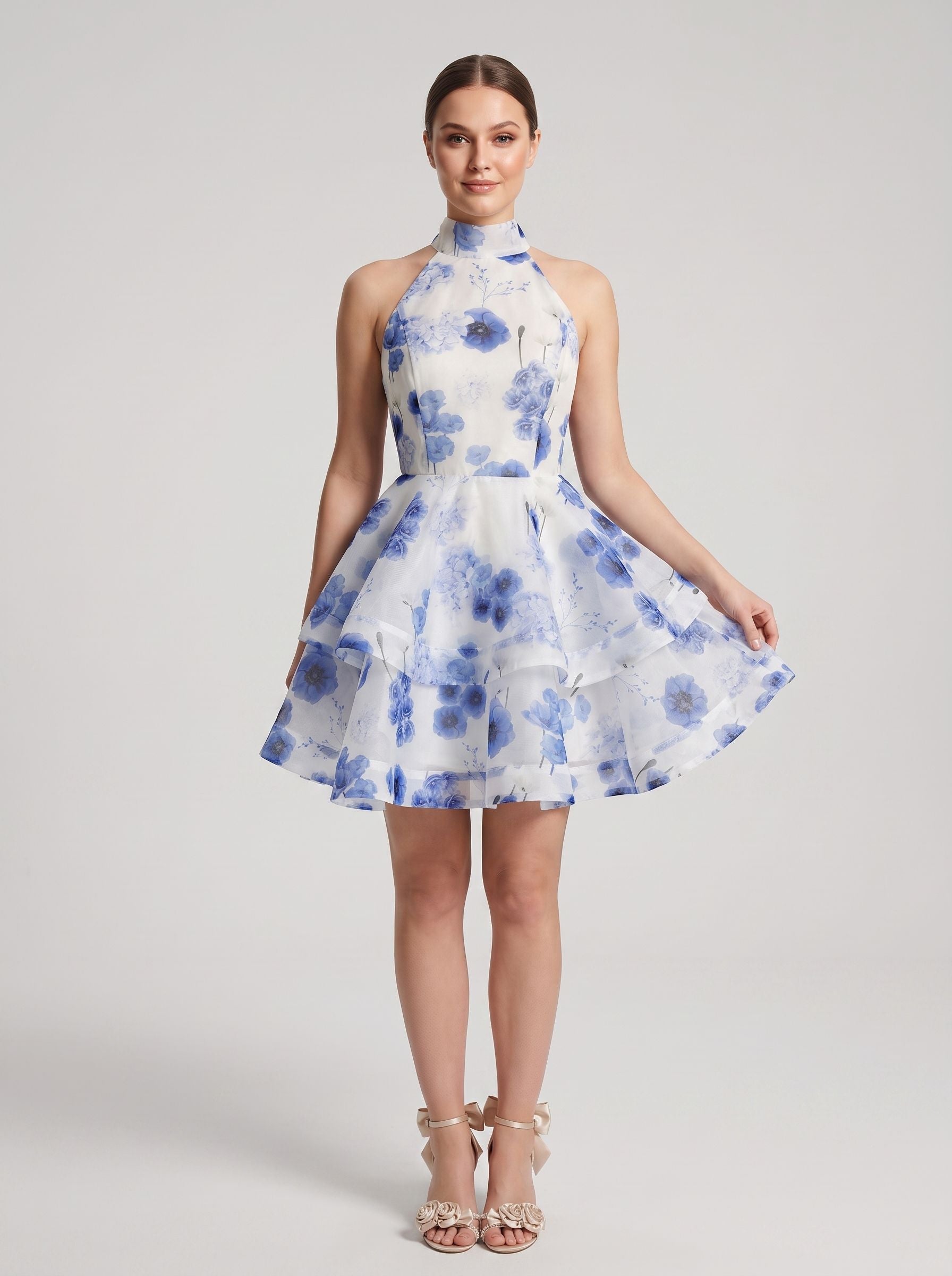 Blue Tulle A-Line Halter neckline Backless Short Dress with Floral Print and Tiered Ruffles