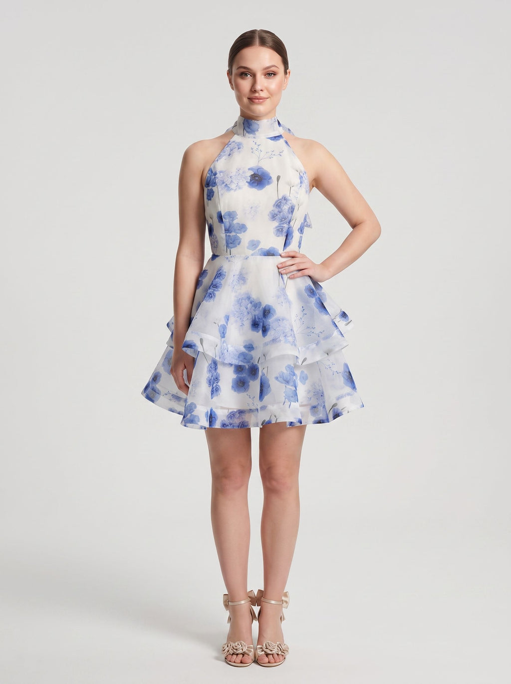 Blue Tulle A-Line Halter neckline Backless Short Dress with Floral Print and Tiered Ruffles