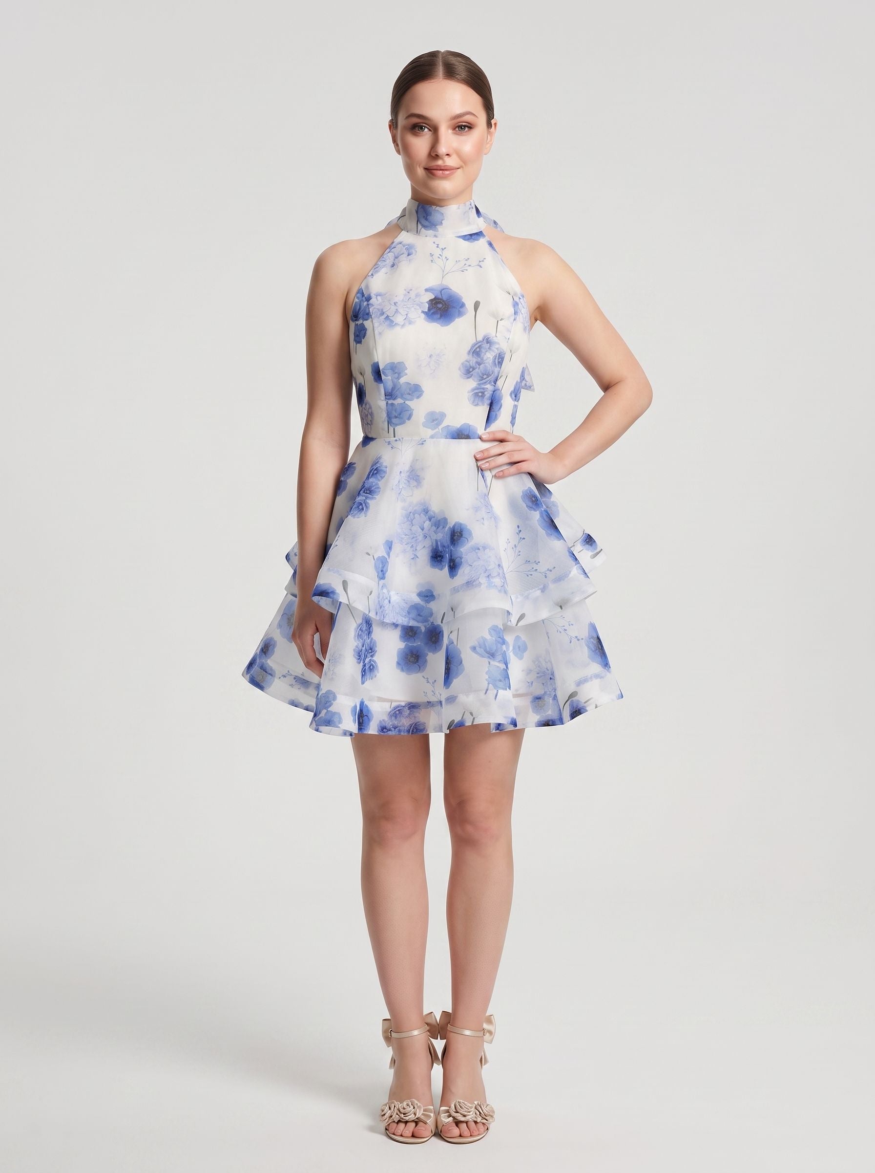 Blue Tulle A-Line Halter neckline Backless Short Dress with Floral Print and Tiered Ruffles