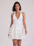 White Chiffon A-Line Halter neckline Backless Short Dress with Pearls and Ruffles