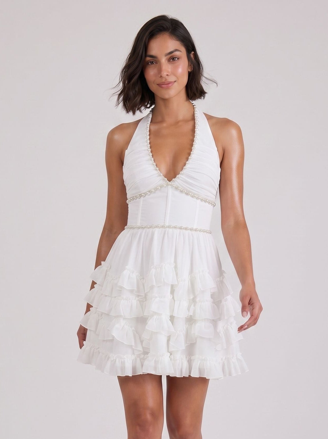White Chiffon A-Line Halter neckline Backless Short Dress with Pearls and Ruffles