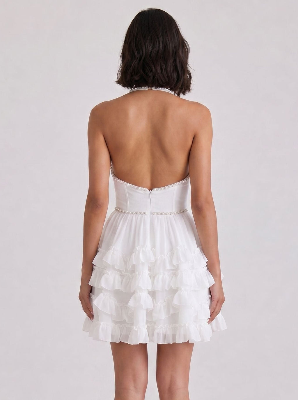 White Chiffon A-Line Halter neckline Backless Short Dress with Pearls and Ruffles