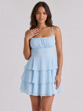 White Chiffon A-Line Square Neck Bow Short Dress with Ruffled Tiers