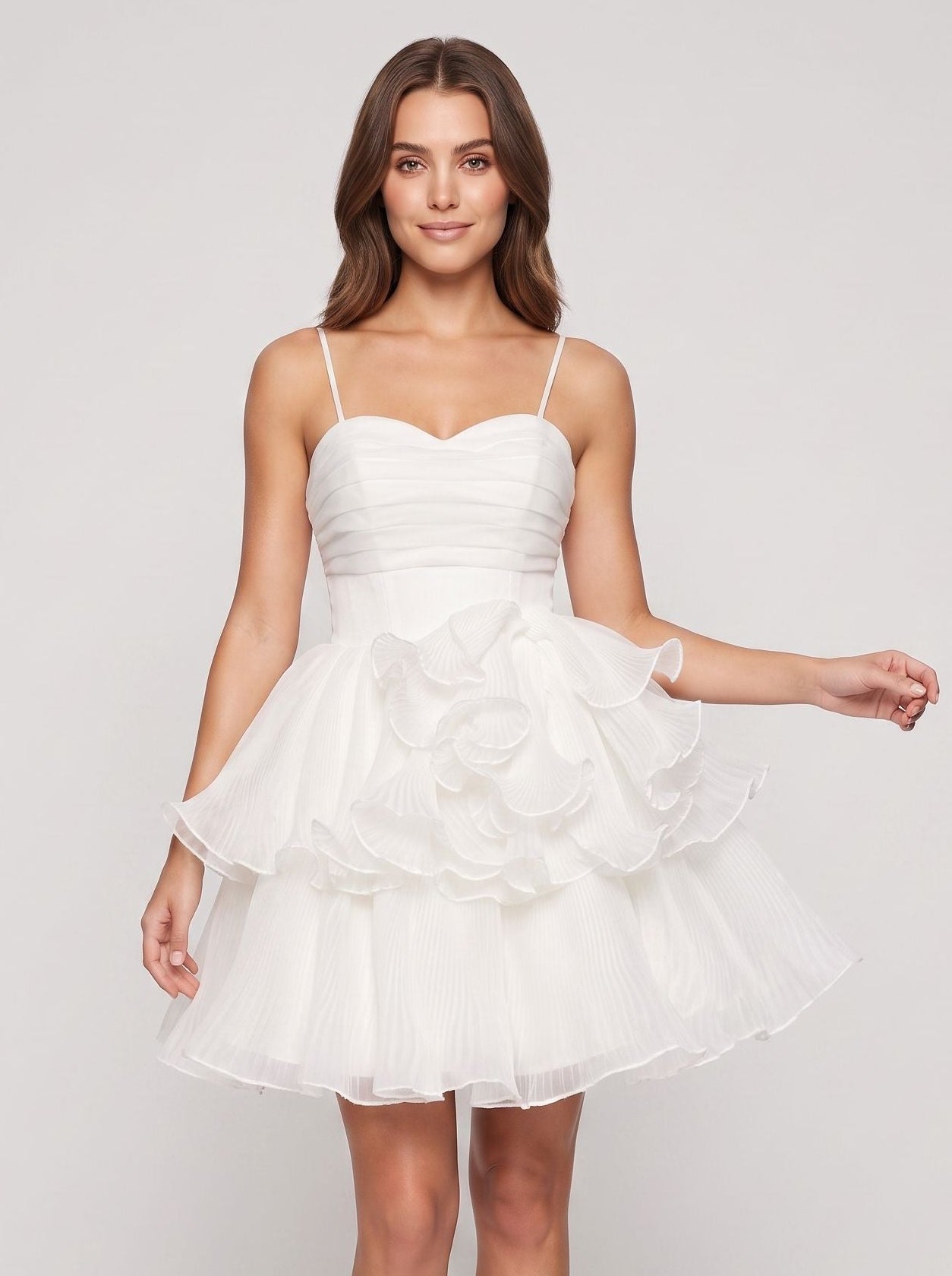 White Chiffon A-Line Sweetheart Lace-up Short Dress with Ruffled Layers