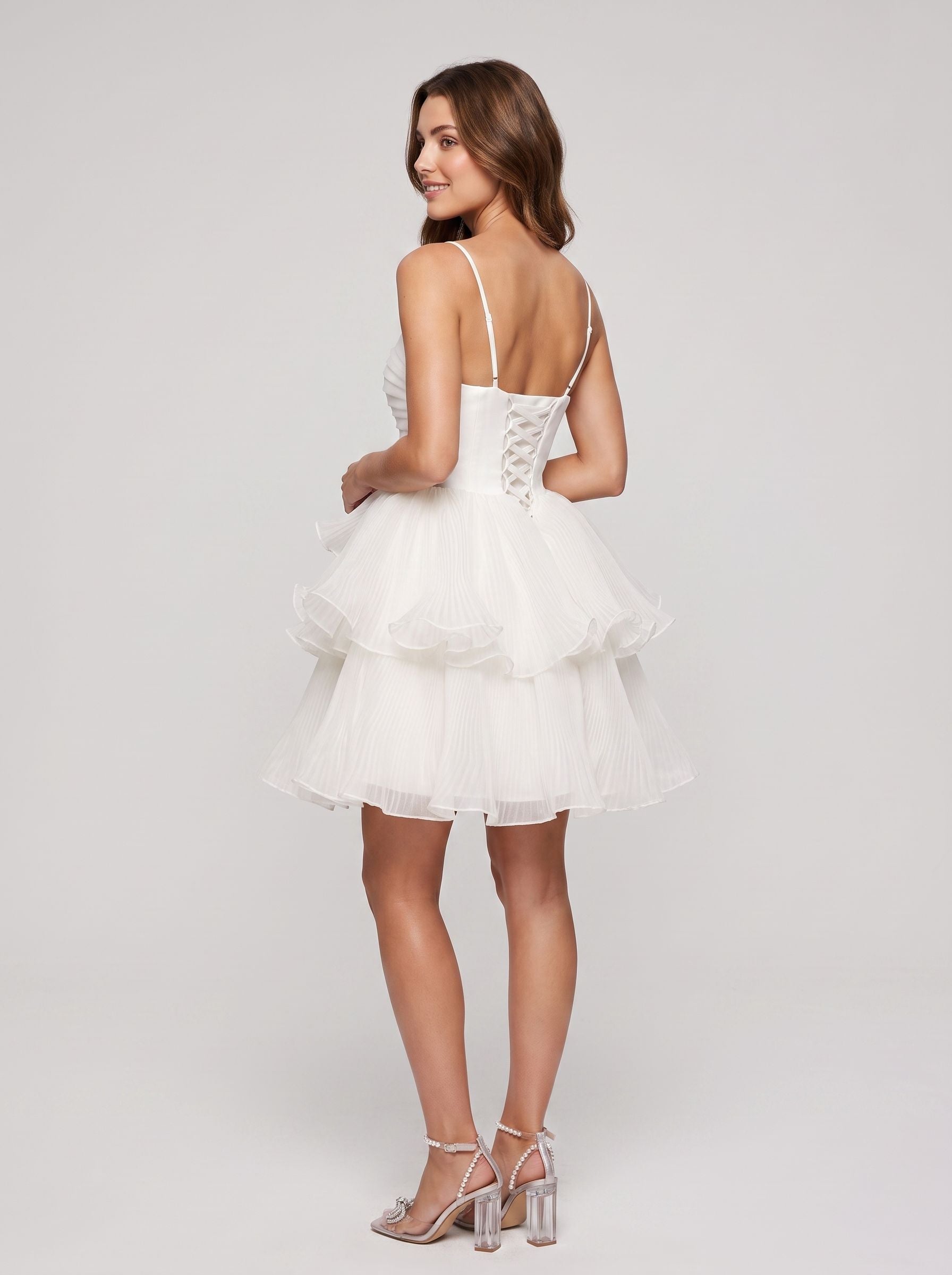 White Chiffon A-Line Sweetheart Lace-up Short Dress with Ruffled Layers