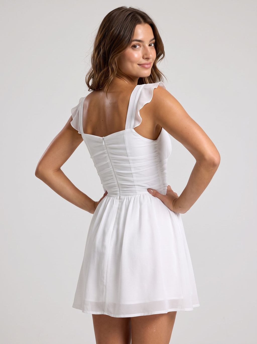 White Chiffon Sheath Sweetheart Back Zip Short Dress with Ruched Sides