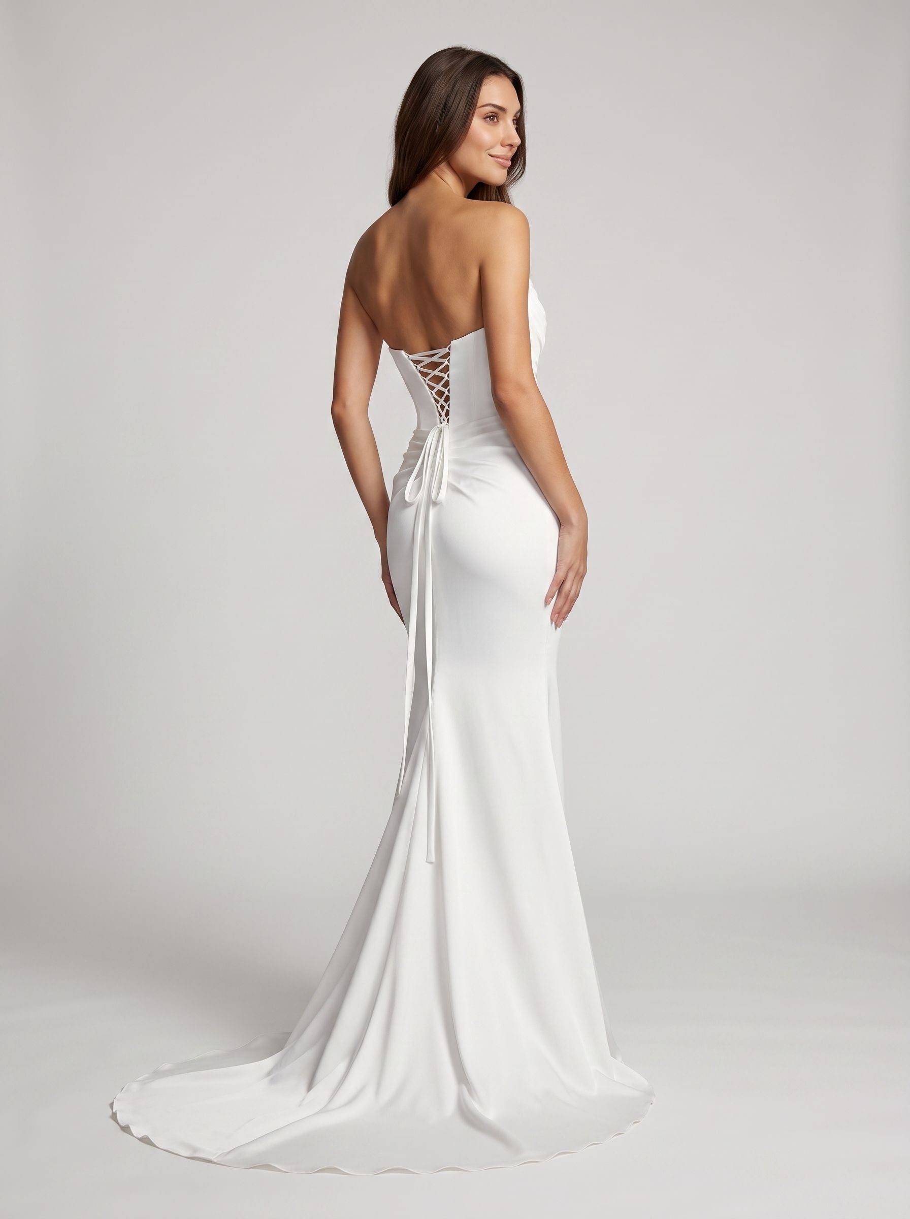 White Stretch Knit column Straight Neck Back Zip Floor-Length Dress with Minimalist Silhouette