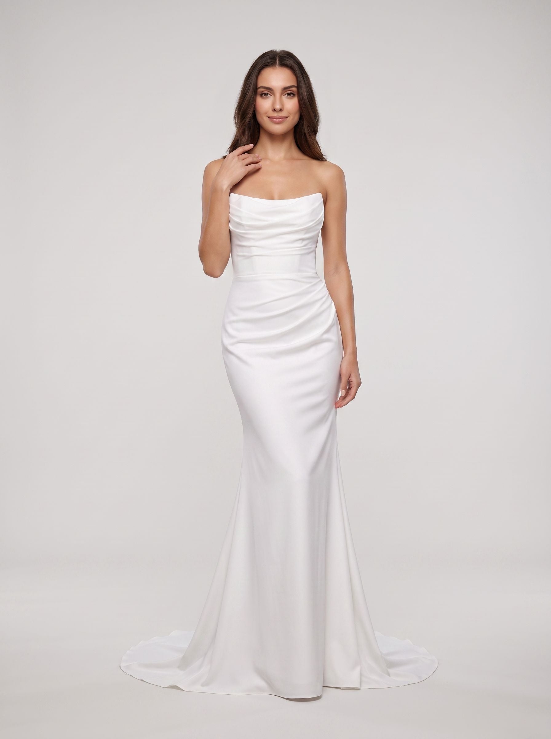 White Stretch Knit column Straight Neck Back Zip Floor-Length Dress with Minimalist Silhouette